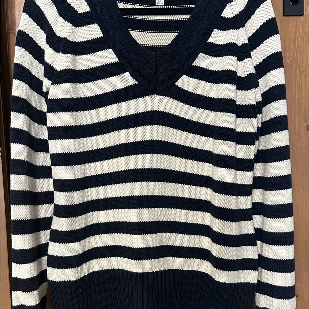 Jessica Navy and White Striped V‑Neck Sweater